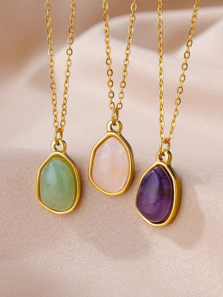 1 pièce Collier pendentif en pierre naturelle violette asymétrique en acier inoxydable pour femme, accessoire mode pour un port quotidien