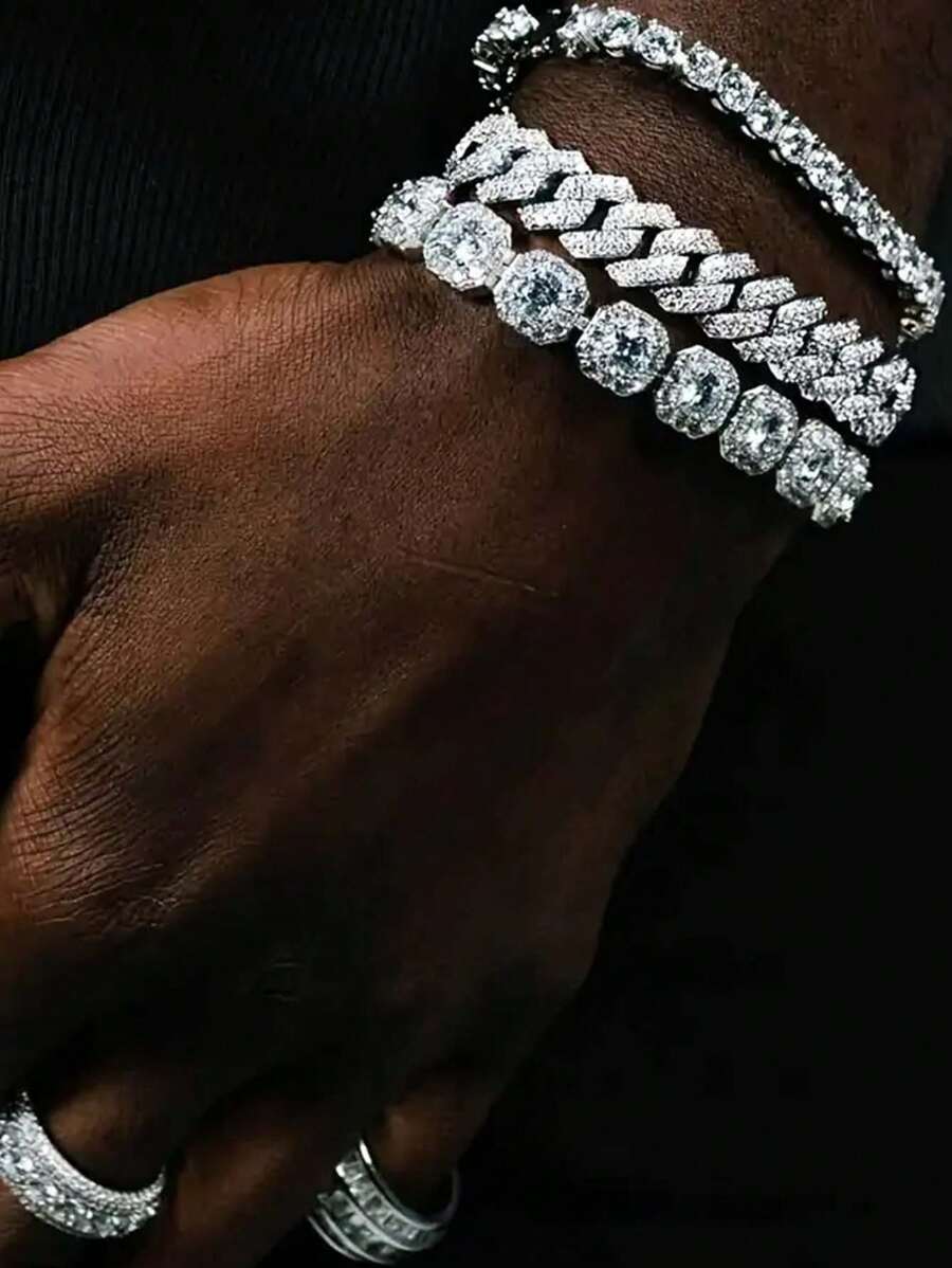 3pcs Set Fashionable Sparkling Crystal Cuban Link Chain Bracelet For Women Men, Thick Hip Hop Ice Chain Jewelry, Ideal For Valentine's Day, Holiday Party Gifts
