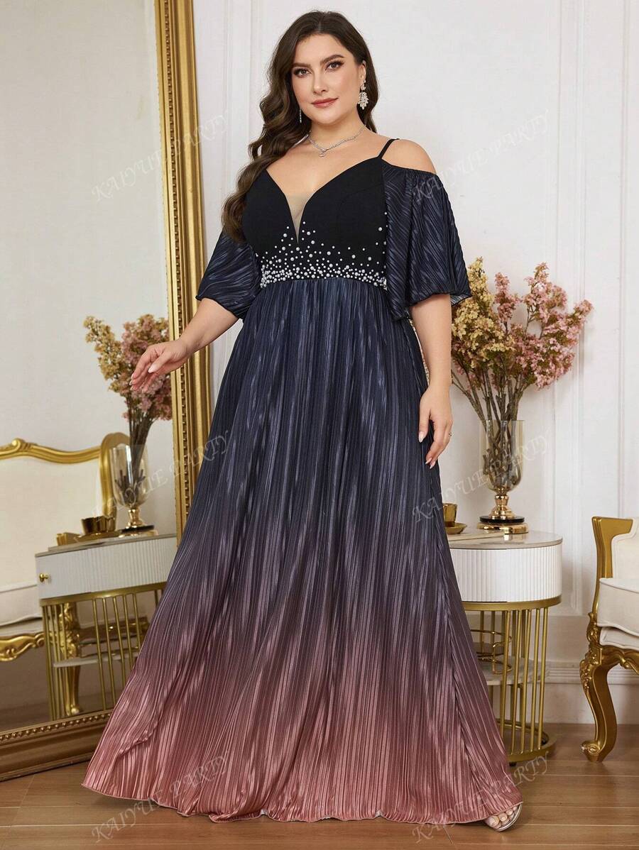 Plus Size Gradient Sequin Embellished Open Shoulder Cami Dress Elegant Prom Semi Formal Wedding Guest Dress, For Birthday, Graduation, Homecoming