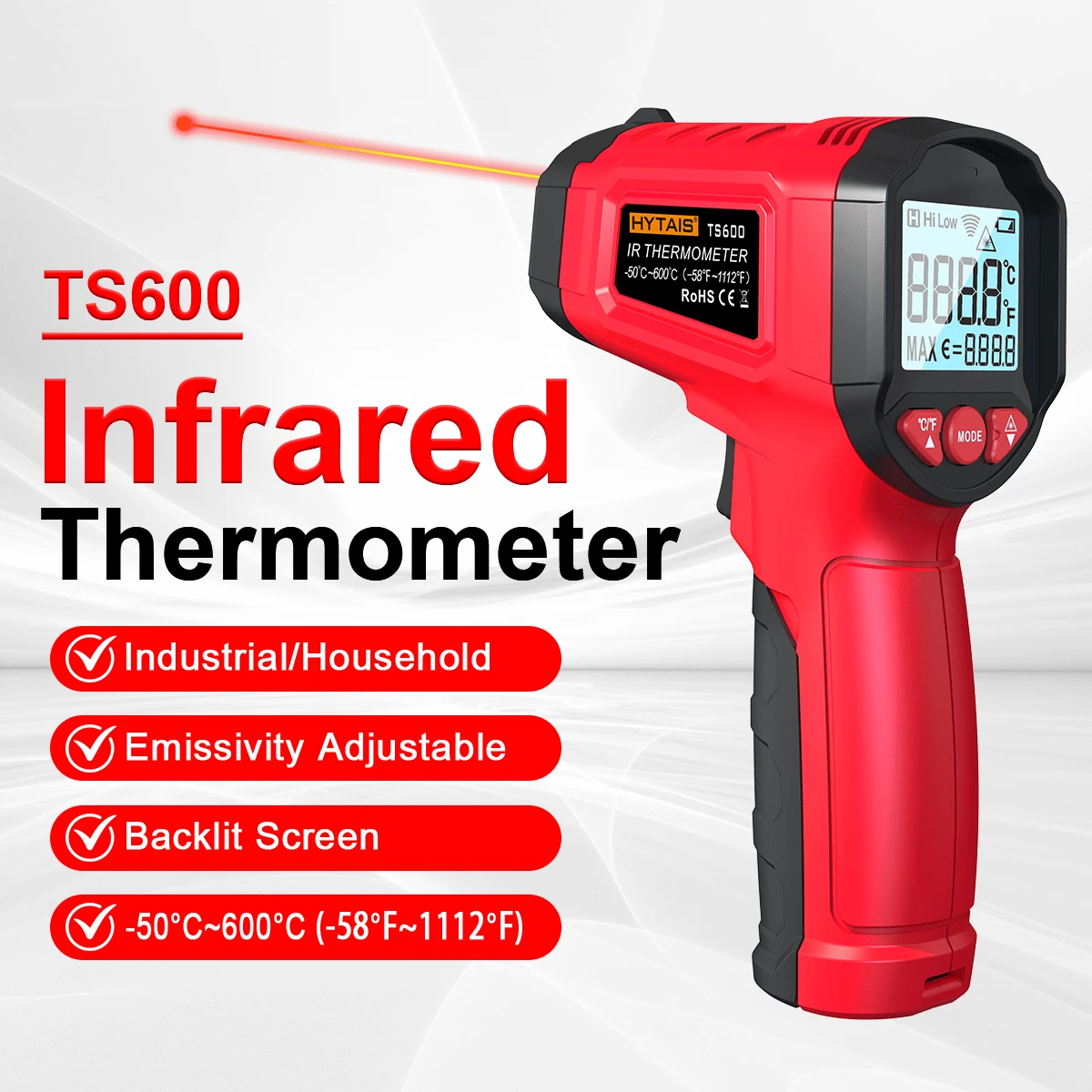 HYTAIS HYTAIS TS600 Digital Thermometer, Non-Contact Temperature Sensor, Non Contact IR Gun Emissivity Adjustable -50~600°C Handheld Temp Measure For Cooking Pizza Oven Industrial Outdoor