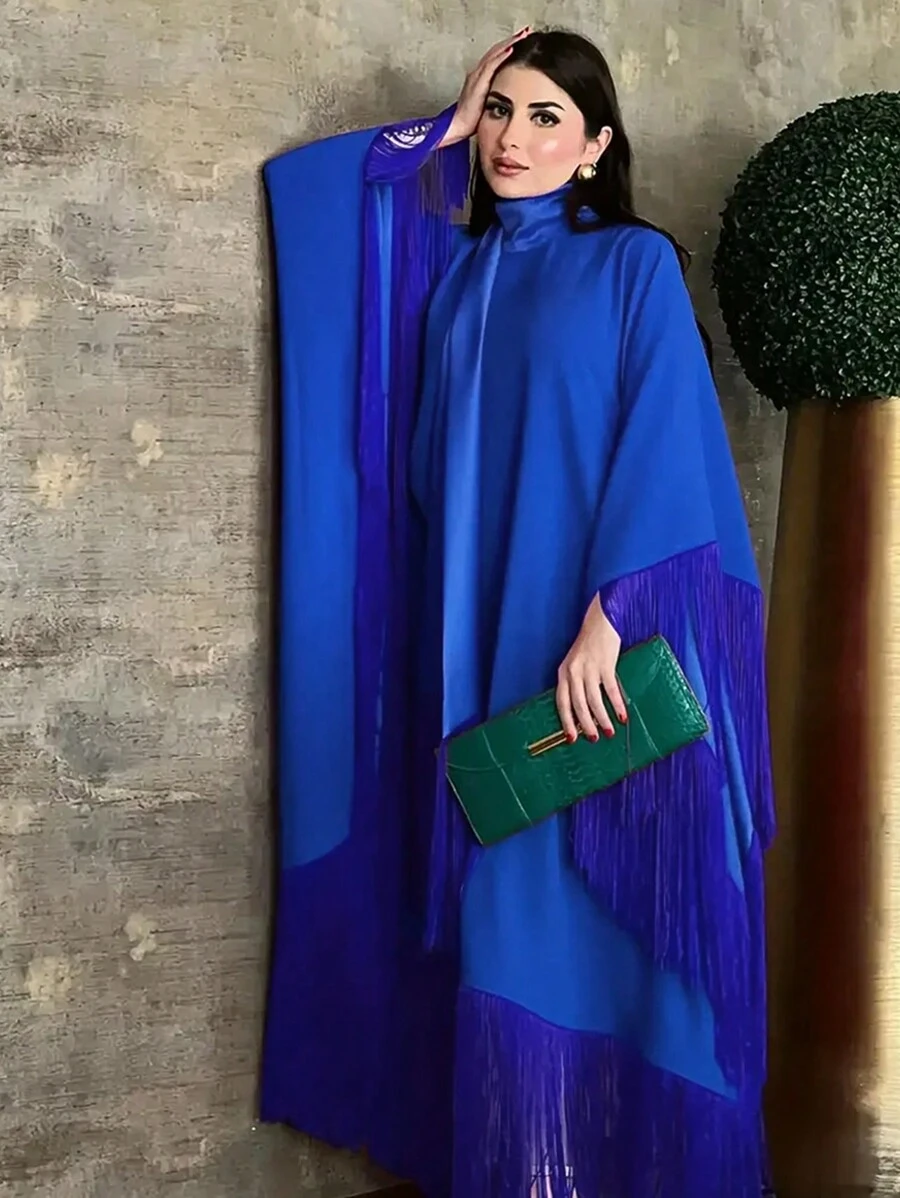 Effen kleur staande kraag kwastjes lange bescheiden lange mouwen abaya Arabische jurk voor dames, kaftan