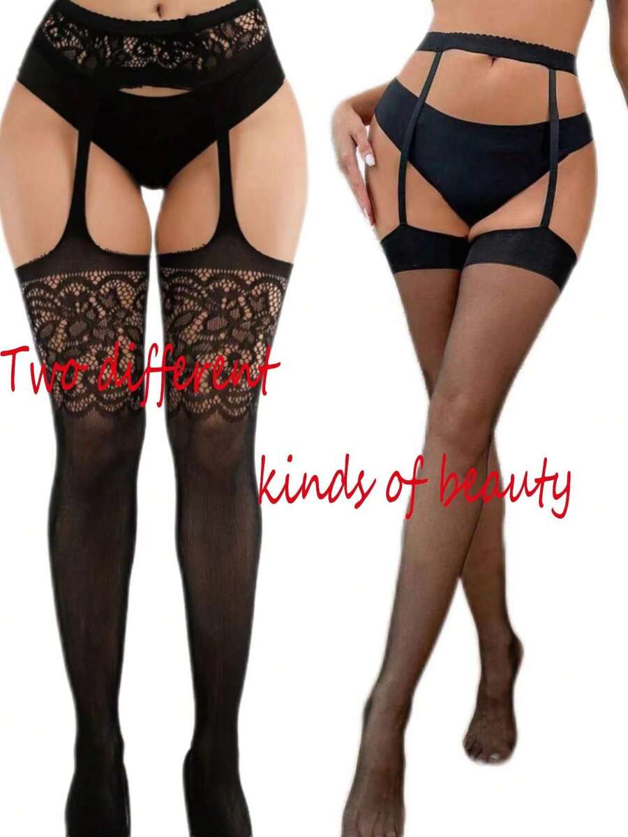 2 Pairs Of Sexy Crotch Suspenders, One Fishnet And One Silk Stocking Hollow Jacquard Mesh Crotch-Less Leggings For Club Parties And Nighttime Activities (No Underwear)