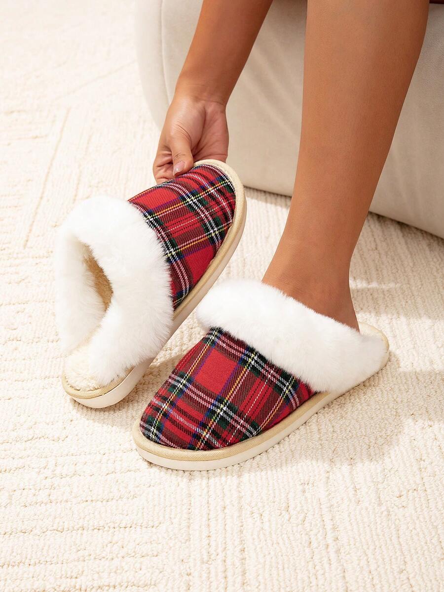 Women's Casual Christmas Plush Slip-On House Slippers, Warm Fuzzy Winter Shoes For Everyday Home & Party Wear