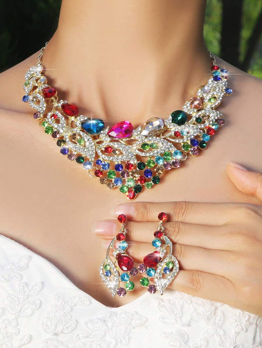 1 set de bijoux de luxe collier et boucles d'oreilles en verre paon pour femmes, accessoires de mariage pour mariée