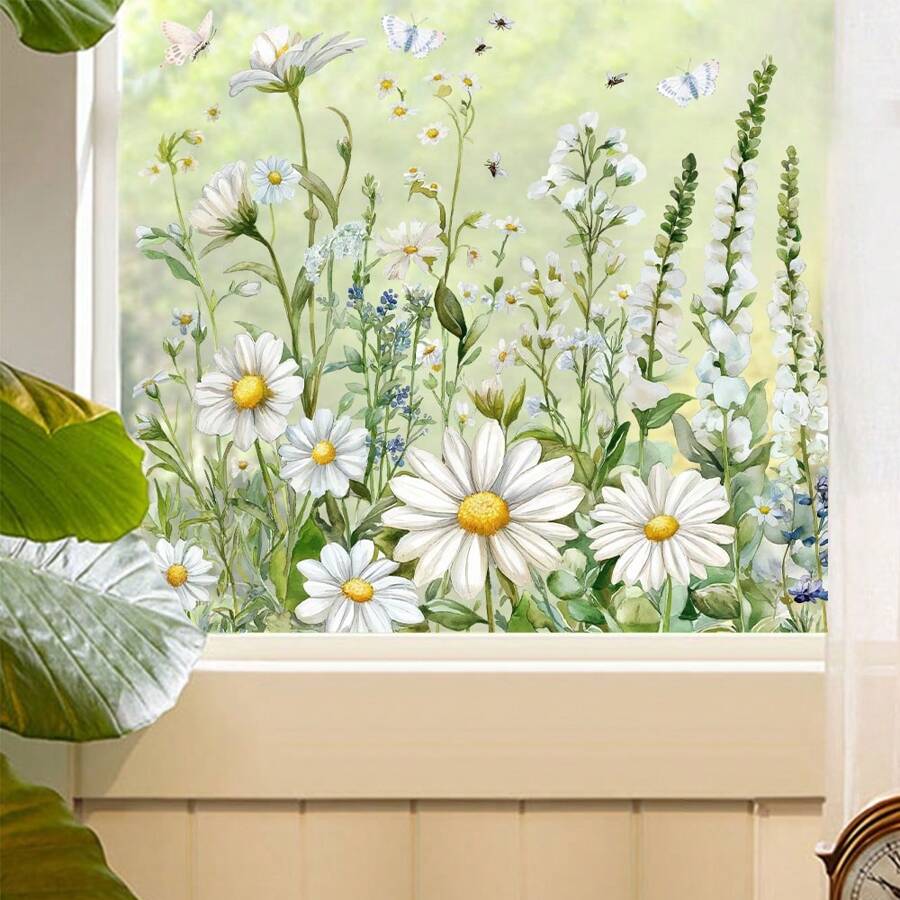 1pc Fresh White Daisy Flower Glass Sticker, Casual Daily Necessity, Stickers, Wall Decal, Vinly Decal For Home Decorations, Spring Decoration Items Refresh Your Home, Rama Decoration Stickers