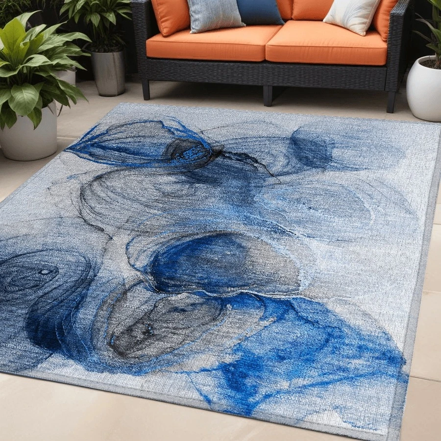 5' X 8' Ivory Blue And Gray Abstract Washable Non Skid Indoor Outdoor Area Rug