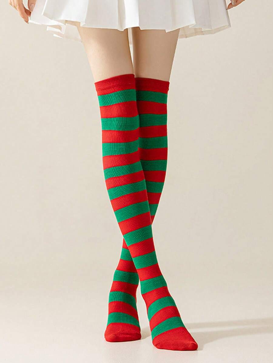 1 paire de nouvelles chaussettes hautes jusqu'aux genoux, rayées rouge-noir, rouge-vert, style européen, hautes jusqu'à la cuisse