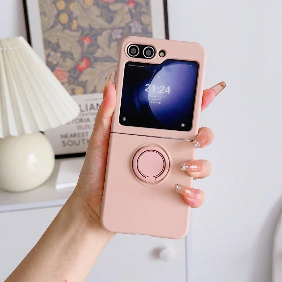 1pc Deluxe Full Coverage Liquid Silicone Protective Phone Case With Built-In Anti-Scratch Velvet Lining & Integrated Ring Holder Kickstand, Compatible With Samsung Z Flip 6/5/4/3