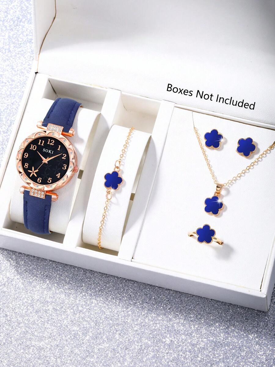 6Pcs/Set Ladies Watch Ladies Fashionable Casual Quartz Watch And Minimalist & Fashionable Five Petals Flower Necklace Earrings Rings Bracelet Watch For Women Suitable For Daily Wear, Back-To-School Season, Graduation Season, Thanksgiving, Couples, The Best Gifts Watch Box Not Included