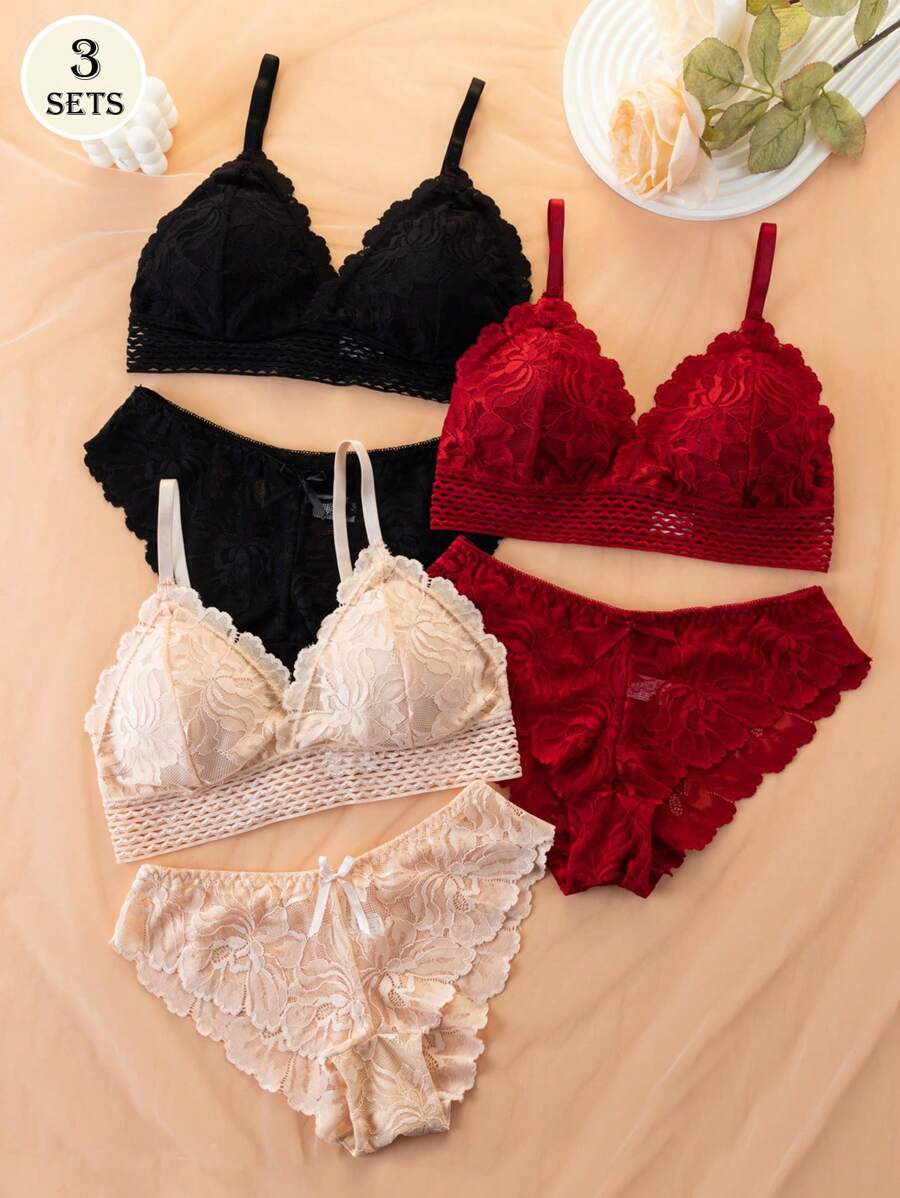 Conjunto de lencería de 3 colores con diseño de encaje y malla, sujetador push-up y bragas transpirables con copas delgadas para mujer