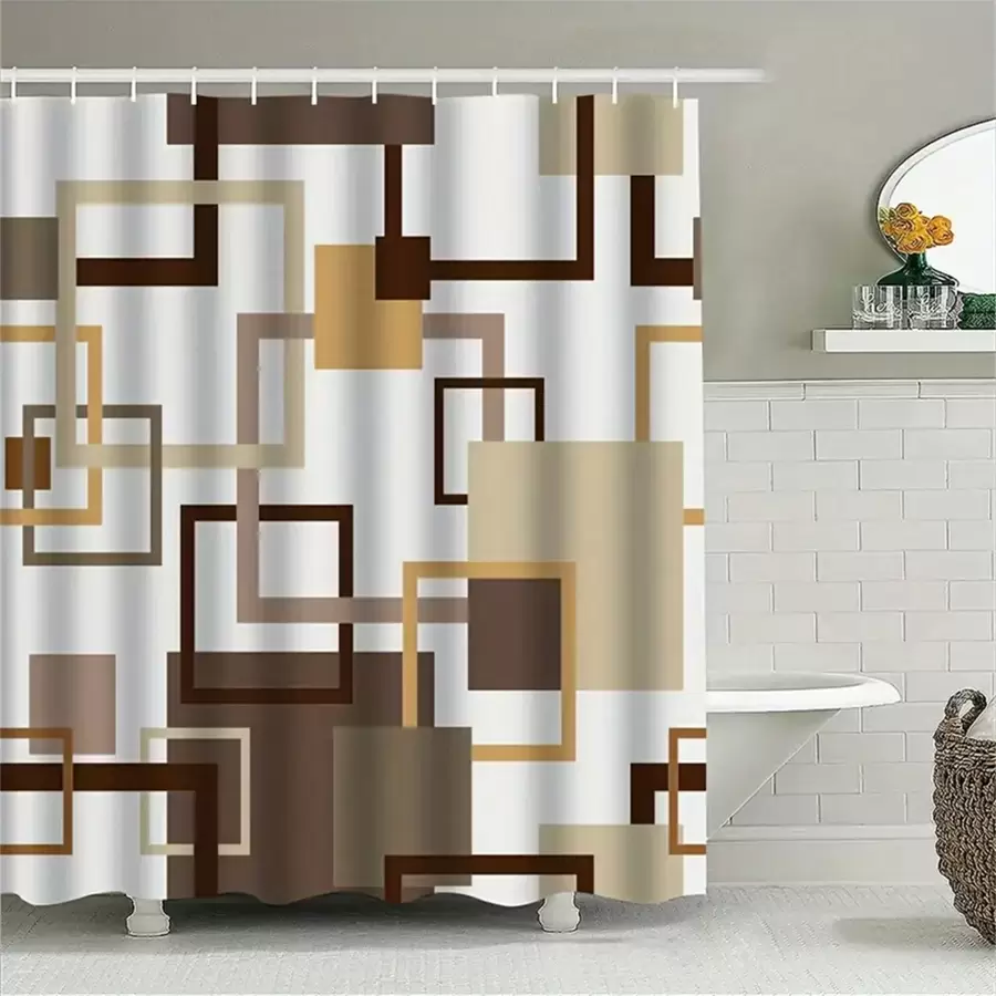 1Pc Modern Brown Geometric Shower Curtain, Machine Washable, Water Repellent, Privacy Ensured, Artful Home Decor With Square Print Design, Polyester Fabric, Easy To Install - Perfect For Bathroom Window Home Bathroom Decor Fall Decor Bathroom Accessories Back To School