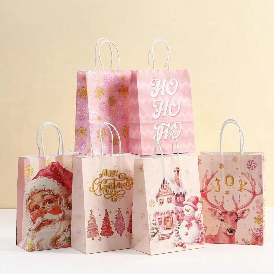 2pcs New Christmas & Valentine's Day Pink Paper Gift Shopping Bags, Kraft Paper Bags For Party Favor