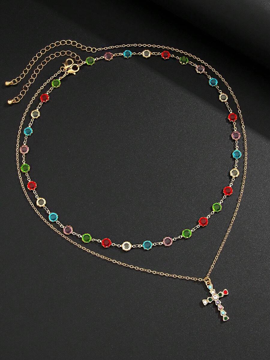 2 Stücke Herren Vintage Punk Kreuzanhänger Halskette mit Strass Kette, passend als Urlaubsgeschenk (zufällige Diamantfarbe und -position)
