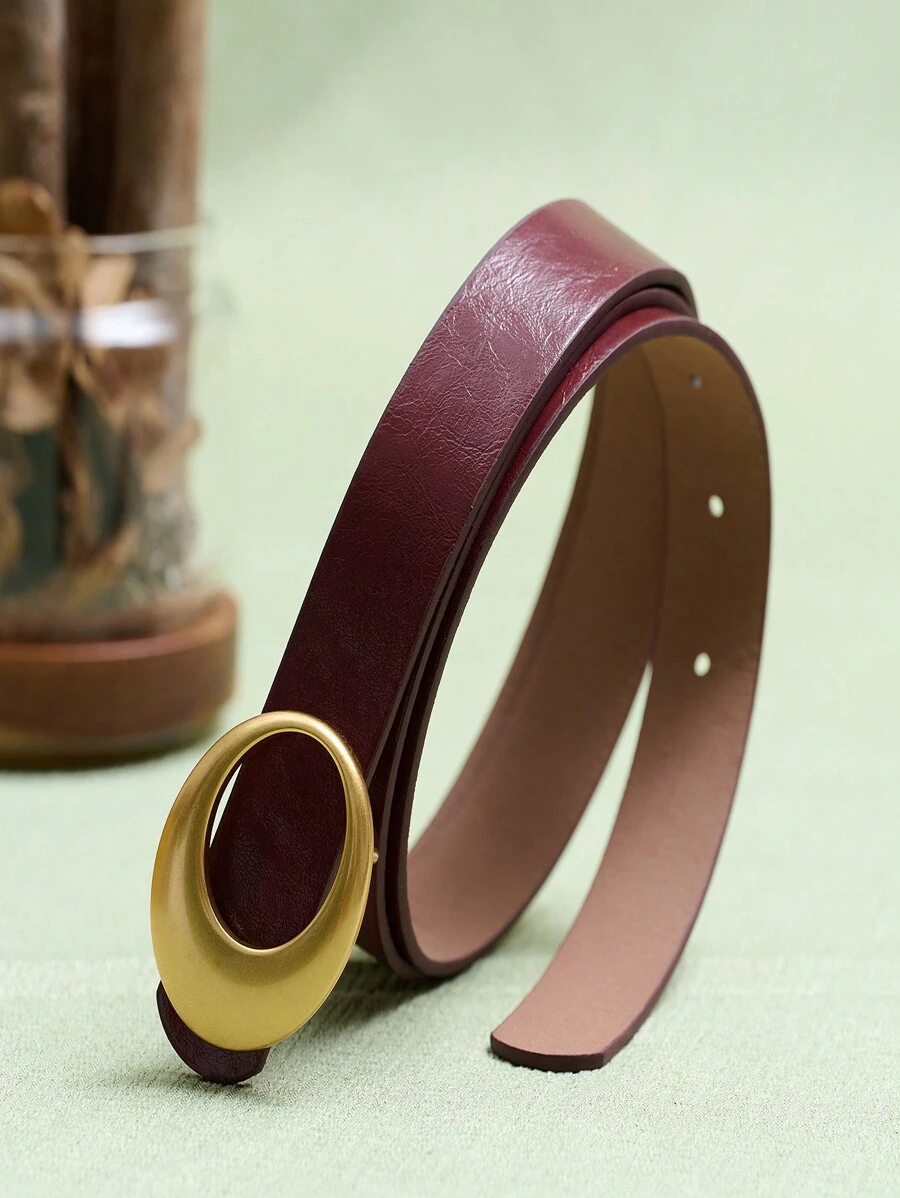 High-End Fashion Urban Lady Gold Plated Burgundy Leather Belt, Versatile For Various Occasions: Casual, Elegant, Business, Party, Vintage, Sexy, Cute, Aristocratic Summer, School Fall, Autumn, Halloween