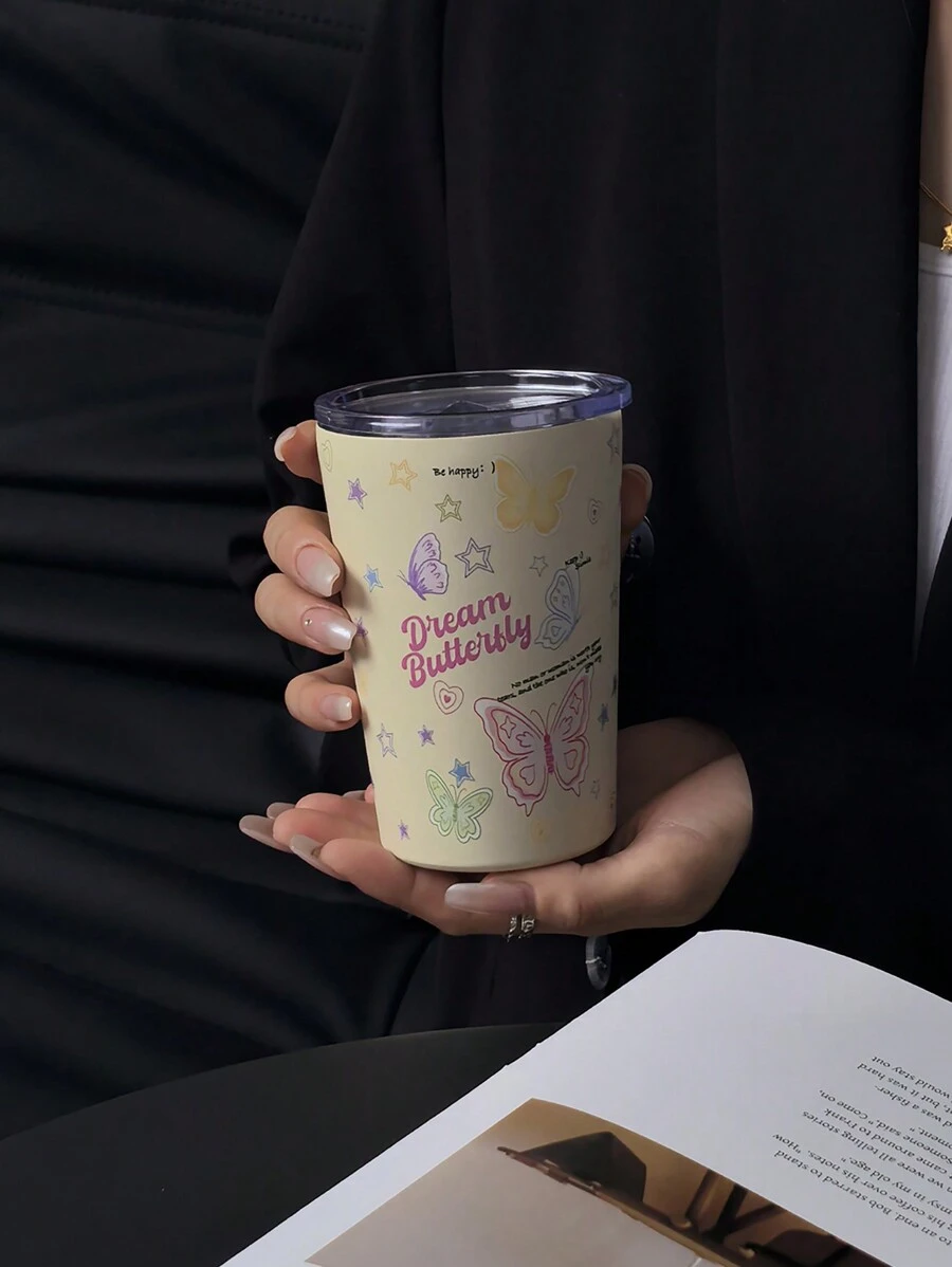 1pc 350ML/11.8OZ Or 280ML/9.47OZ Butterfly Series Vacuum Insulated Stainless Steel Tumbler, Coffee Mug, Cup, Ideal For School Use Or Holiday Gift Water Bottle Back To School