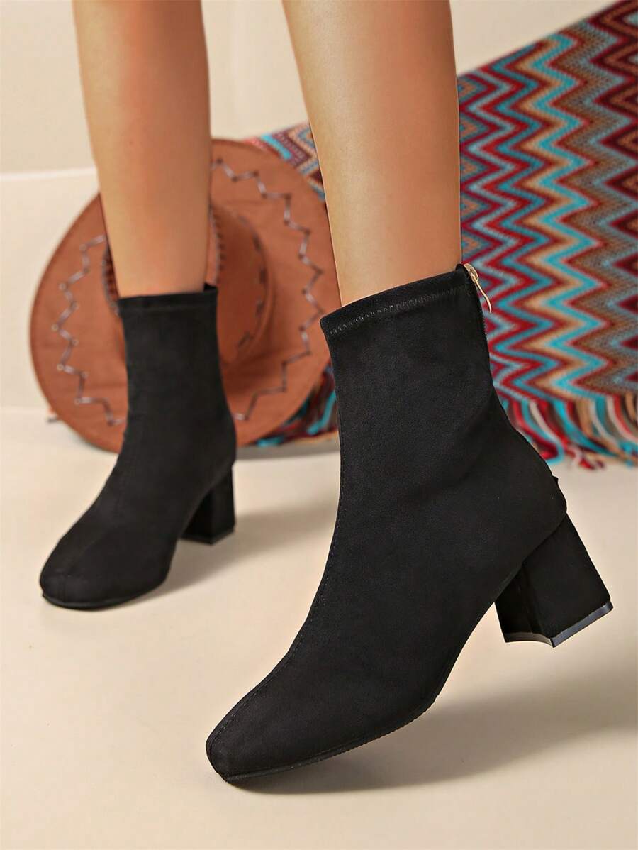 2024 New Suede Thick Heel Short Boots, Square Toe Slim Boots, Women Warm Boots, Mid-Calf
