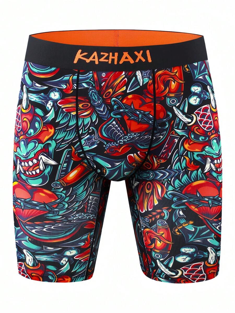 Calzoncillos tipo bóxer largos para hombre de Halloween, de ajuste elástico y delgado, con estampado digital de feroz guerrero calavera, libres de rozaduras, para deportes al aire libre y uso casual, de secado rápido