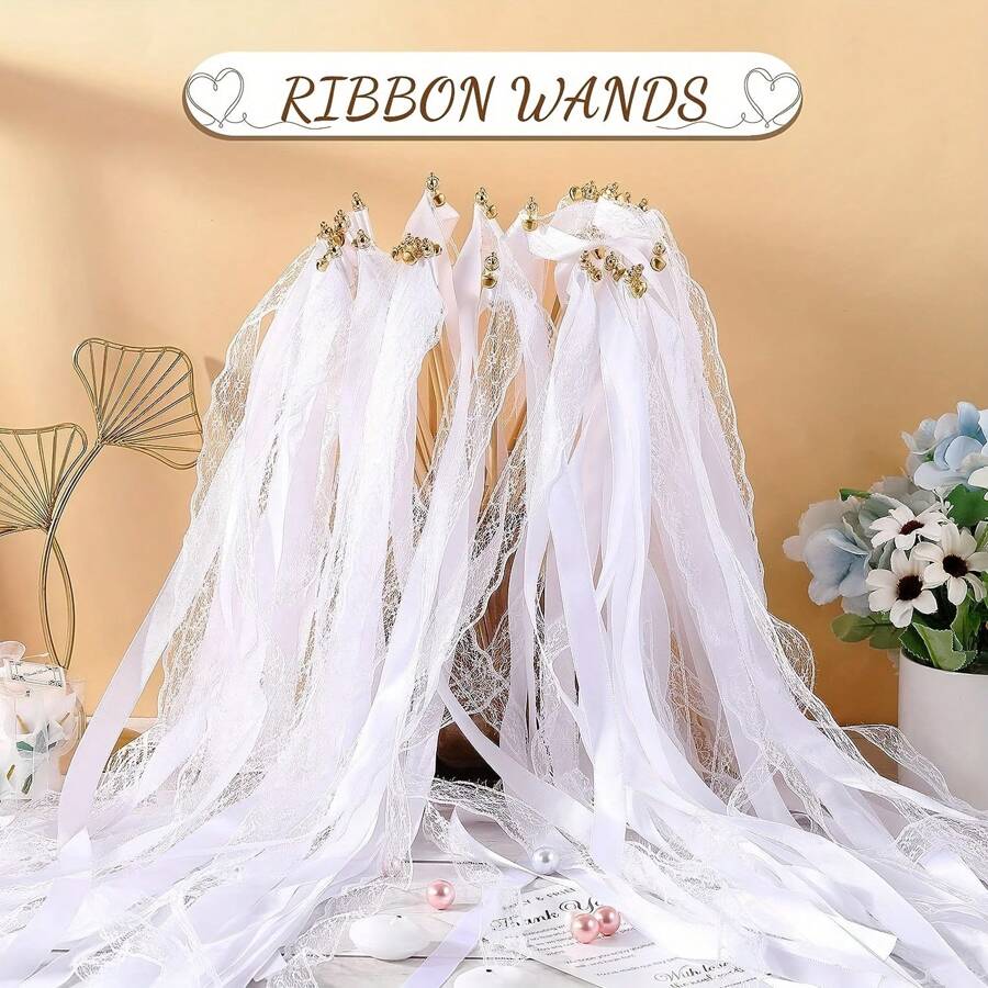10pcs Ribbon Wands With Bell Flower Wands, Wedding Party Celebration Festival Decorations (White) Party Favors Room Decor Bride Gifts Birthday Graduation Birthday Decorations Party Decorations Bachelorette