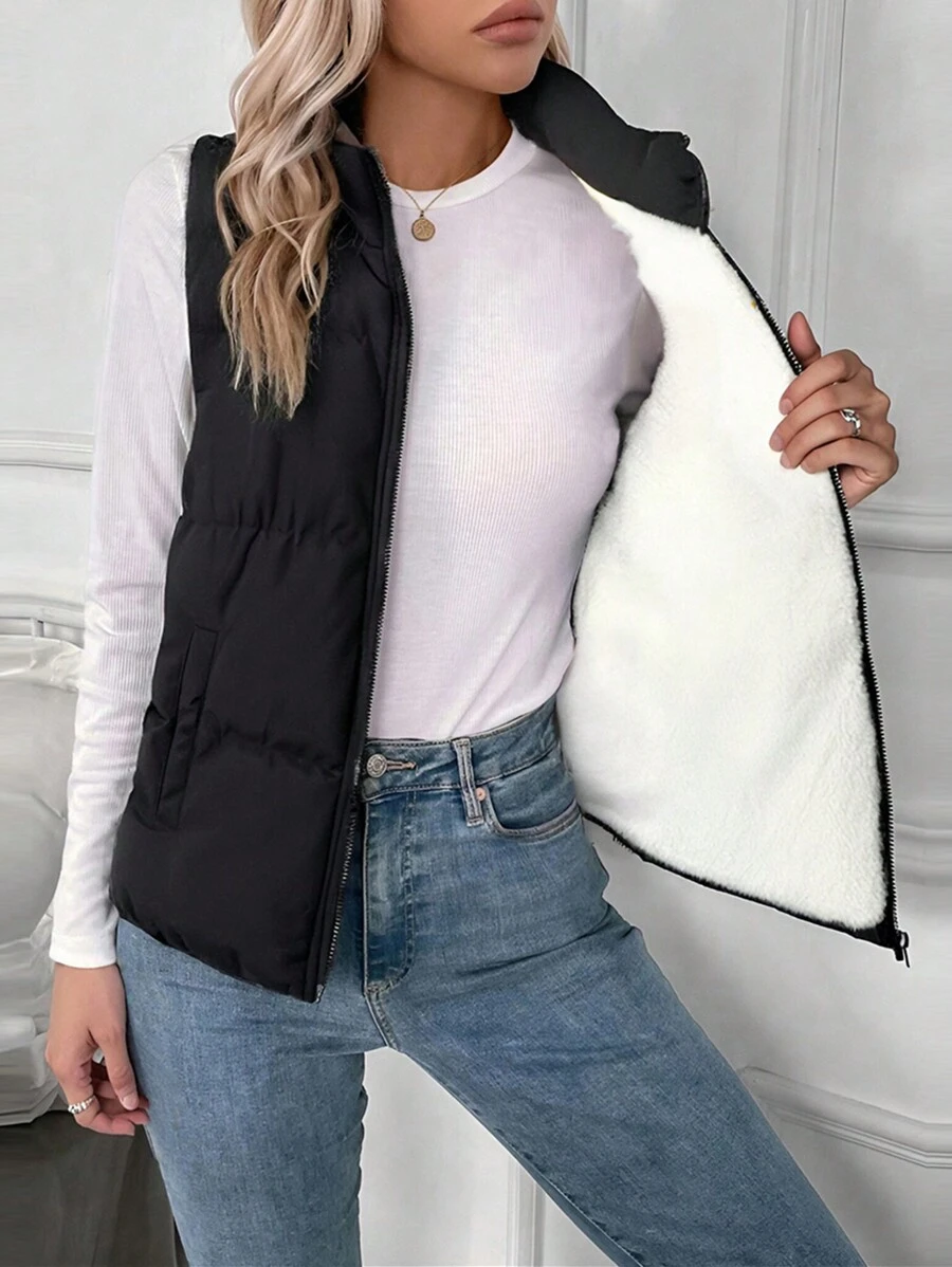 1 Pc Tween Girls Loose Solid Color Casual Thermal Lined Thickened Stand Collar Vest