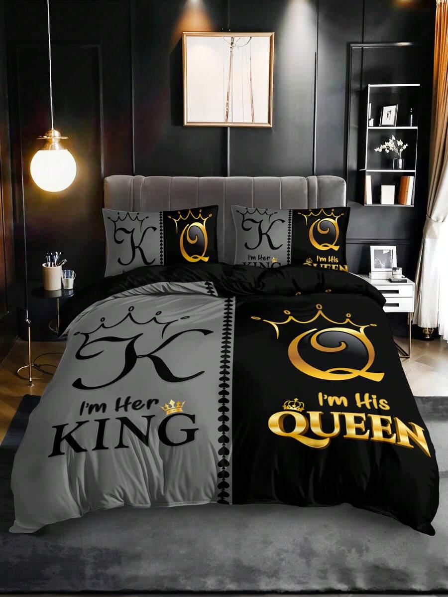 Set de 3 piezas de ropa de cama (1 funda de edredón sin relleno + 2 fundas de almohada sin núcleo), con estampado de alta definición en color negro y gris con diseño de corona, para uso en el hogar y dormitorio