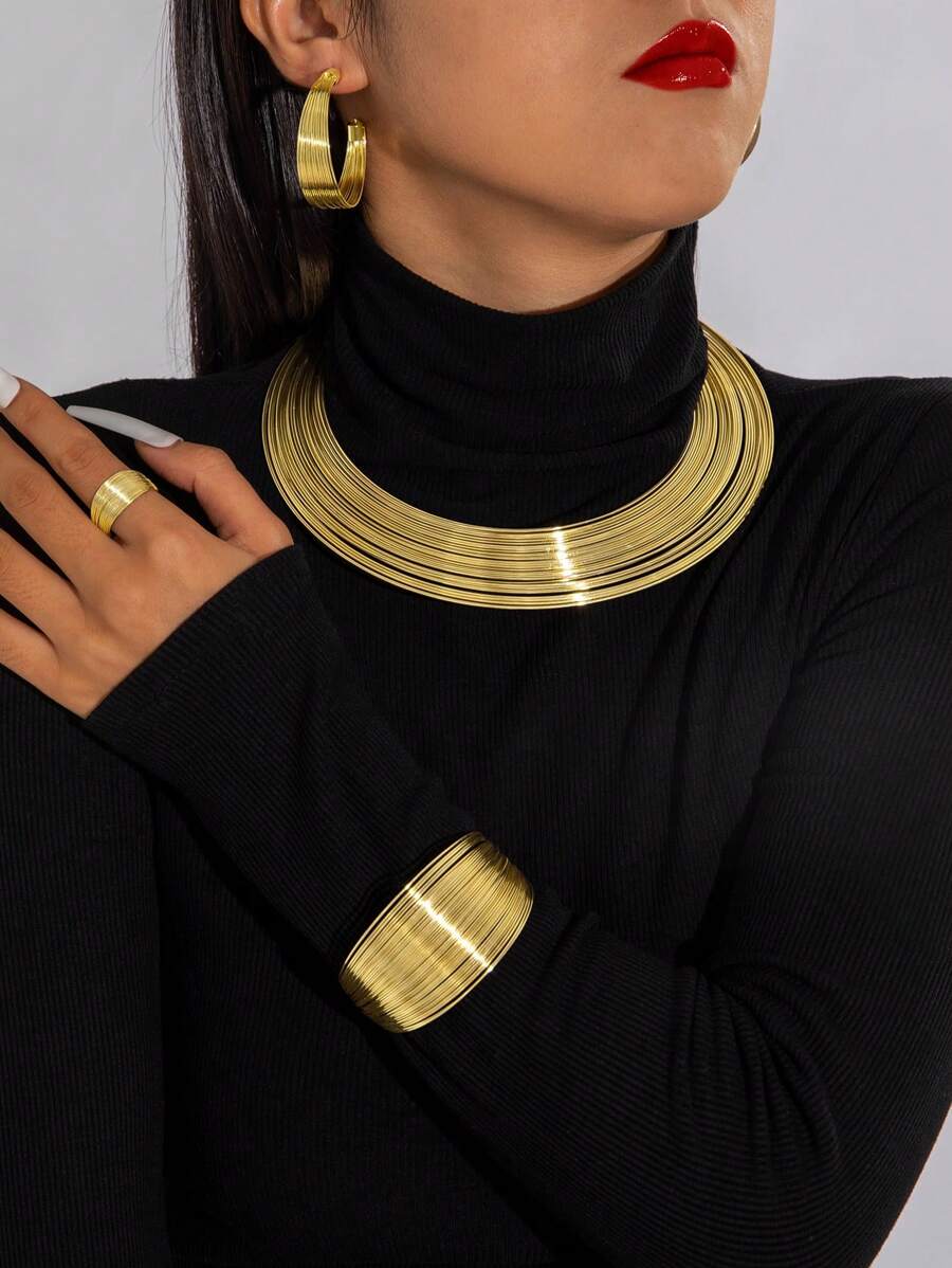 imoli 5pcs/Set Vintage Punk Style Geometric Exaggerate Open Hoop Multilayer Minimal Design Chunky Jewelry Necklace Bracelet Earring Ring Set, Women Party Gift
