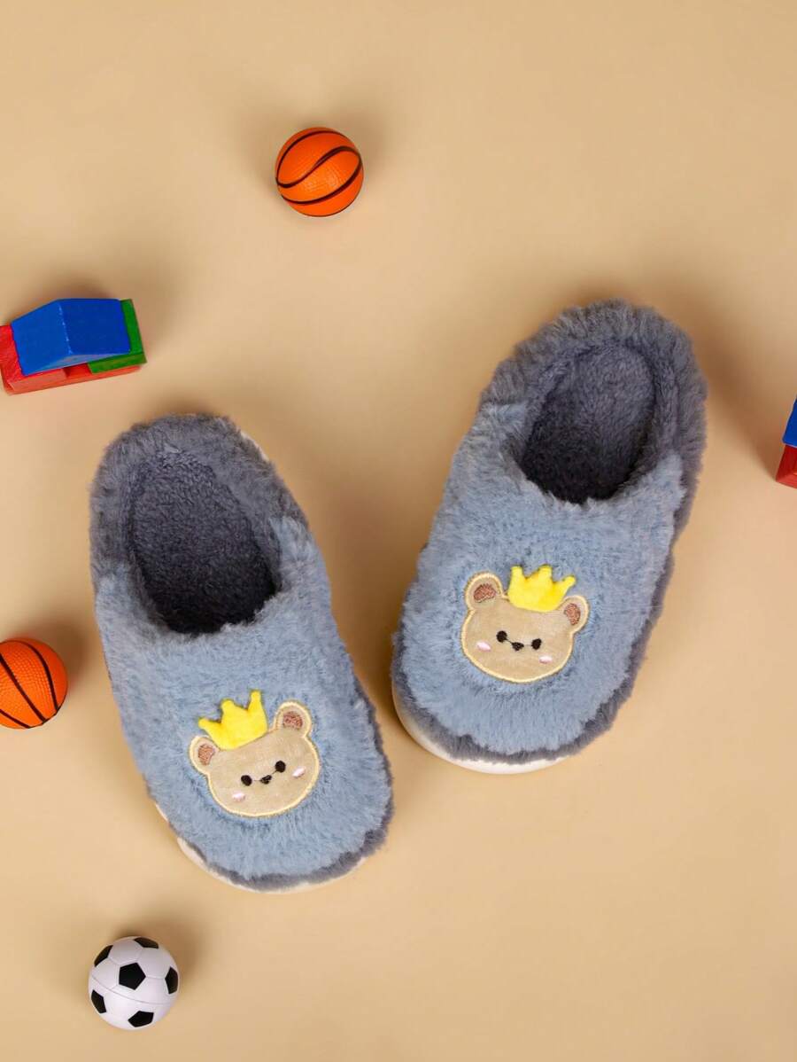 1 par de cálidas y lindas zapatillas de estar por casa antideslizantes con diseños de dibujos animados para niños, de felpa suave, apropiadas para usar en otoño/invierno en casa