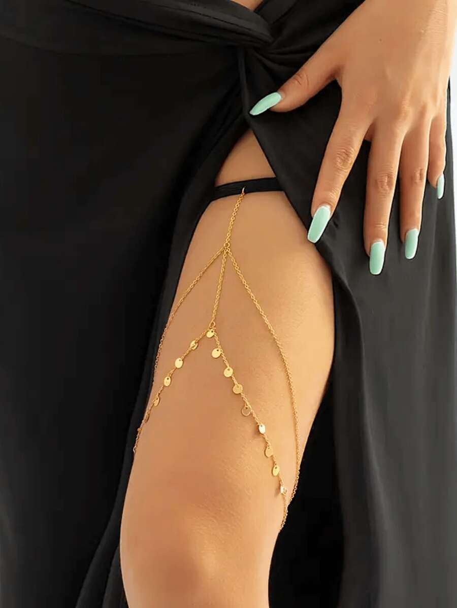 Round Metal Tassel Elastic Leg Chain, Body Jewelry Copper Plated, Retro Sexy Style Gift For Women