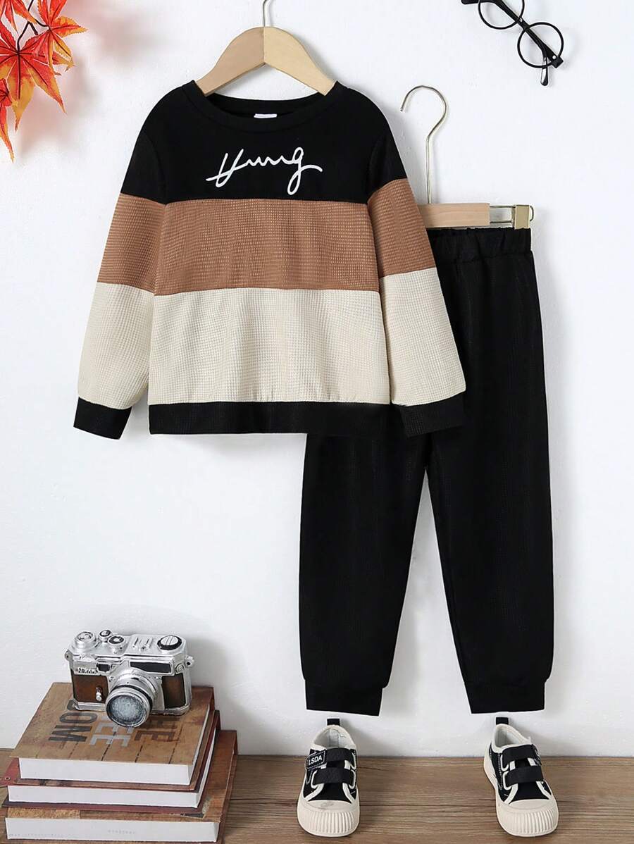Young Boys Slogan Print Contrast Color Round Neck Sweatshirt & Sweatpants Set, Comfortable & Stylish For Autumn/Winter
