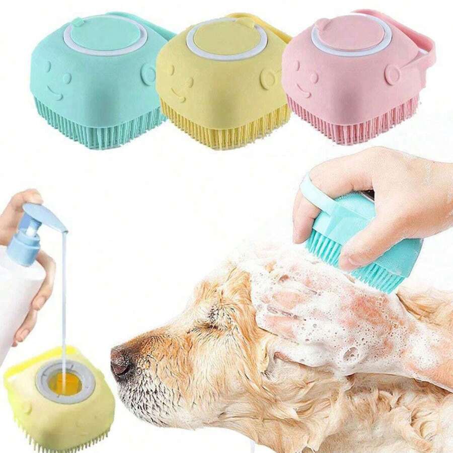 1pc Pet Bathing Brush, Silicone Massage Rubber Dog/Cat Grooming Brush With Shampoo Storage