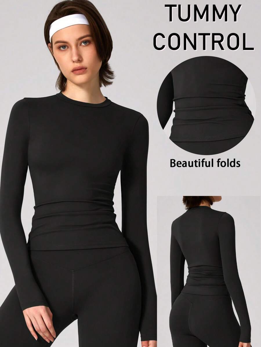 1pc Women Soft Fleece Long Sleeve Tee, Stretchy & Warm Base Layer Shirt For Outdoor, Fitness & Running