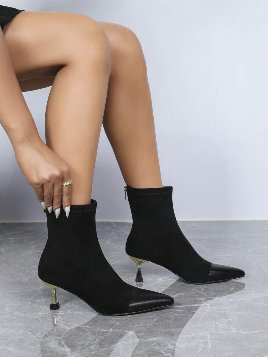 Women's Fashionable High Heel Ankle Boots, Party Style, Black Mid-Calf Boots, Zip Closure, High Heels & Pointed Toe, Suitable For Dating, Everyday Wear & All Occasions Like Halloween, Christmas, Disco Party