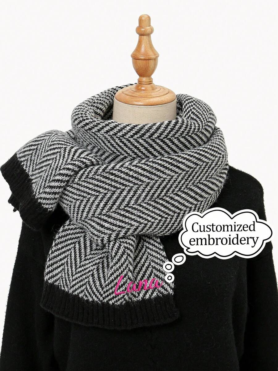 1pc Striped Polyester Scarf/Shawl, Autumn/Winter Reversible Warm Soft Touch Scarf, Unisex, Knitted Herringbone Pattern, Fashionable Gift For Students And Couples