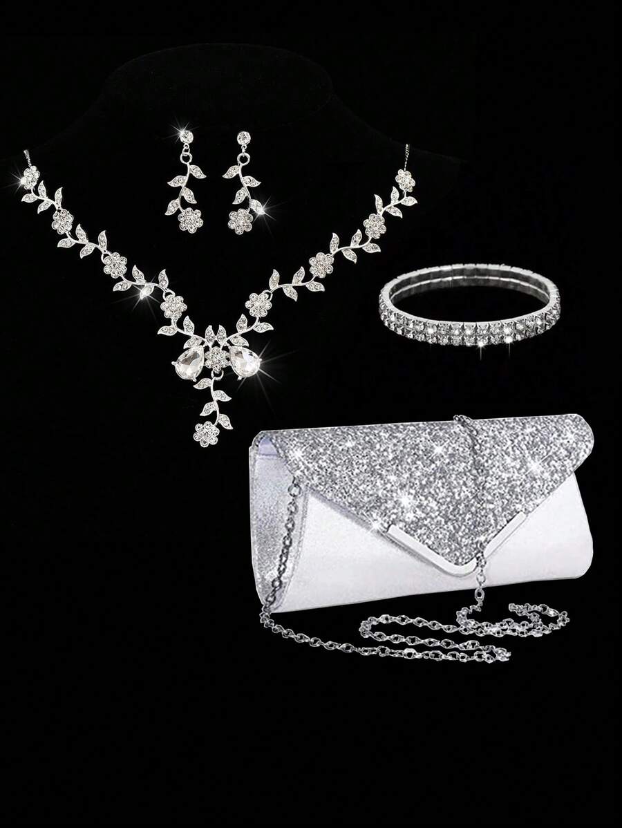 4 Peças Conjunto Feminino: Bolsa de Embreagem Fashion Cintilante, Colar, Brincos, Pulseira - Decoração de Luxo para Eventos Formais