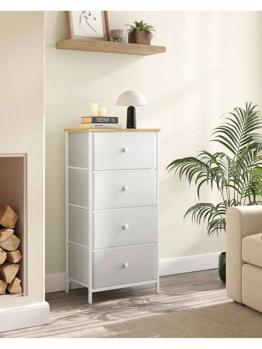 SONGMICS Commode, Meuble de Rangement pour Chambre, Colonne de Rangement en Tissu avec 4 Tiroirs, Cadre en Métal, Blanc et Couleur Boisée