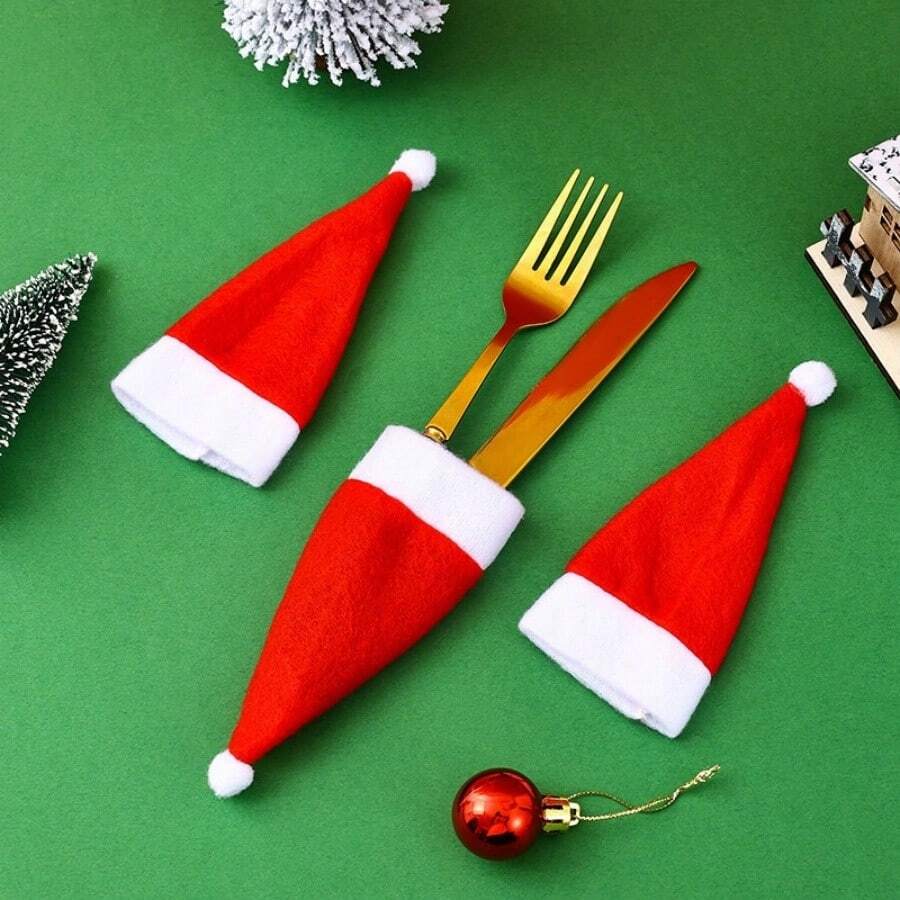 10pcs/30pcs Mini Santa Hat Cutlery Set, Christmas Wine Bottle Hat, Plush Candy Cane Hat, Christmas Decoration