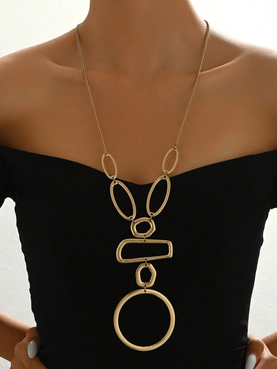 1pc Fashionable And Elegant Geometric Hollow Circle & Rectangle Splicing Long Necklace, Metal Style Jewelry For Party Dress Decoration