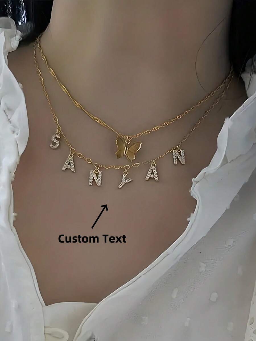 1 peça colar personalizado com letras de zircônia e nome em ouro rosa, colar de aço inoxidável personalizado, estilo elegante, pingente com letras personalizadas, presente para ela, presente de dia das mães, presente de Natal para a mãe
