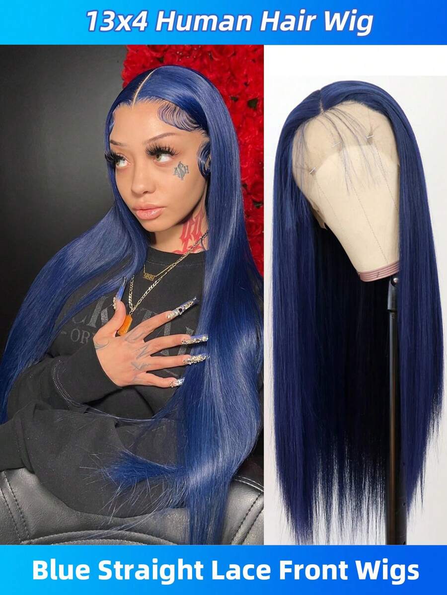 Peruca Azul Reta de Cabelo Humano com Frente de Renda 32 Polegadas, Renda Transparente 13x4 com Cabelos Infantis, Densidade de 180%, Peruca Azul Escuro Colorida para Mulheres