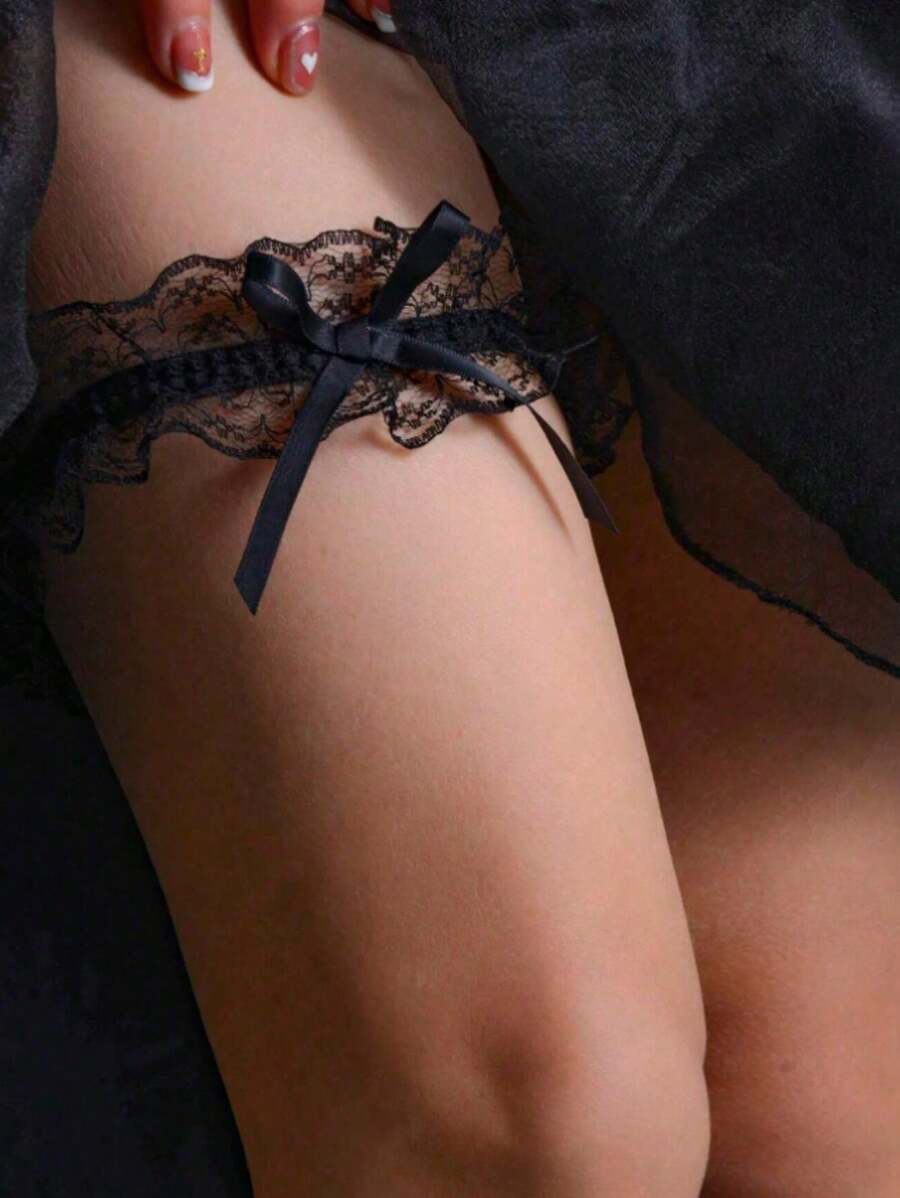 Set da 2 pezzi Reggicalze in pizzo sexy con fiocco, colore nero e rosso, anello elastico per coscia per feste, costumi di Ognissanti e San Valentino