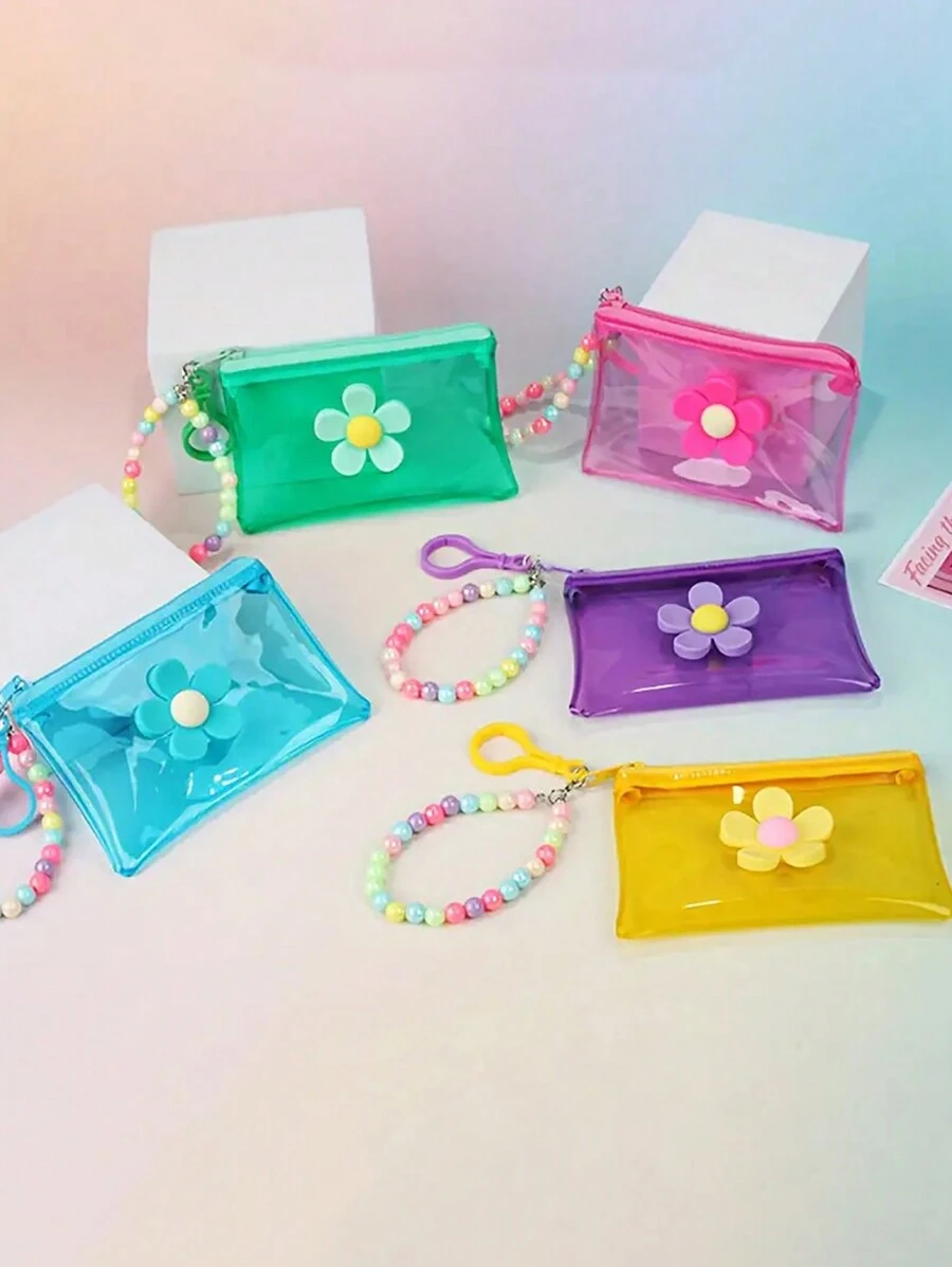 1pc Fashionable Transparent PVC Coin Purse With Floral Beaded Chain - Girl's Portable Key And Travel Wallet (Bead Color Random)