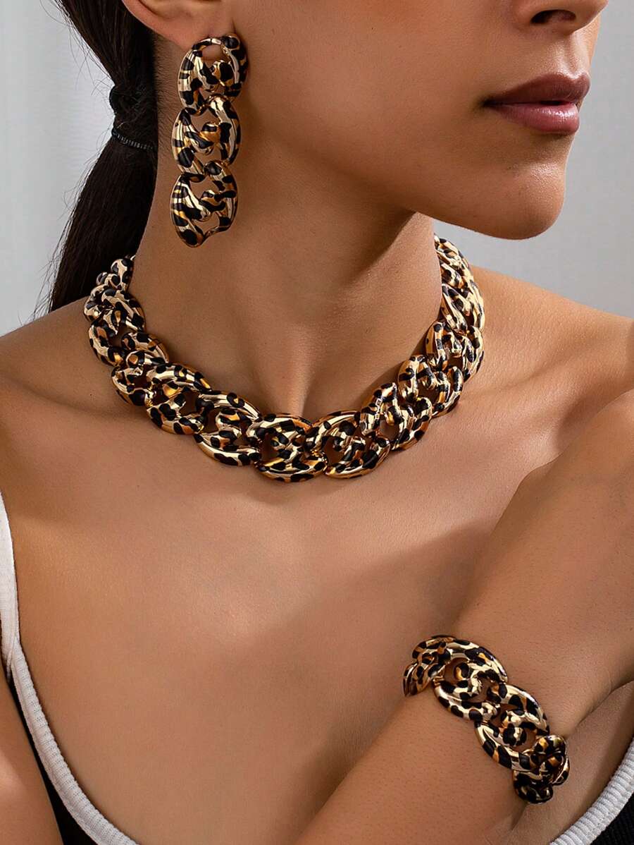 Set de 4 piezas de joyería vintage de estilo hip-hop con collar de cadena gruesa, pendientes, pulsera, adecuado para mujeres en fiestas, banquetes, con estampado de leopardo, en colores oro y plata