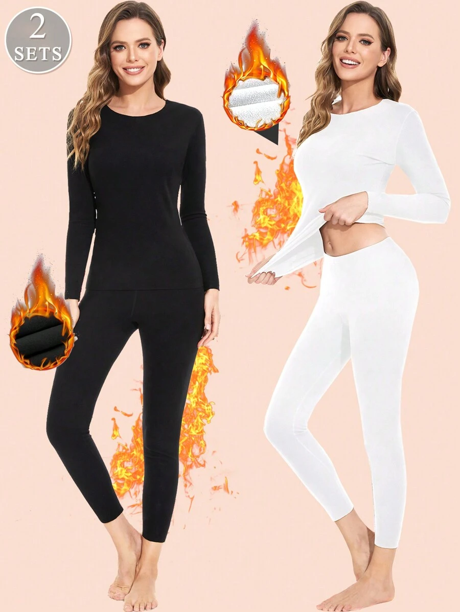 2 SETS Ropa interior térmica para mujer, conjunto de pantalones y manga larga, forro térmico suave y fácil de cortar, capa base para clima frío
