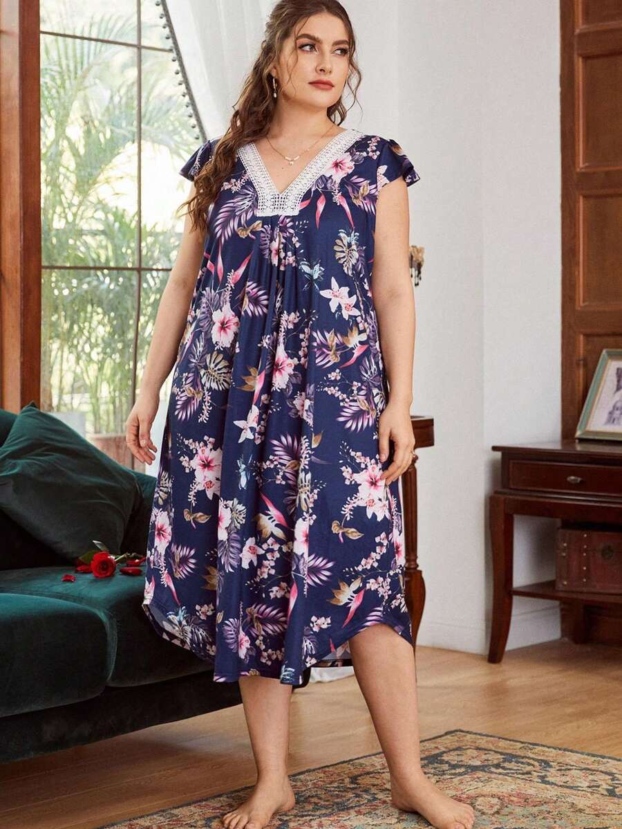 Camisola Curta com Decote em V de Renda e Floral Miúdo Plus Size para Mulheres, Desgaste Casual em Casa ou ao Ar Livre, Verão