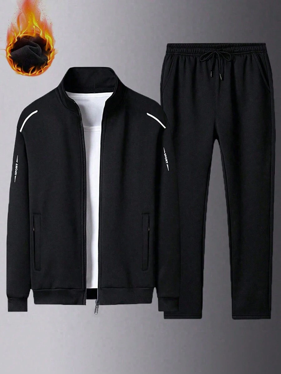 Set da abbigliamento sportivo termico per uomo, 2 pezzi composti da felpa con cappuccio e chiusura lampo e pantaloni della tuta casual da esterno per l'inverno