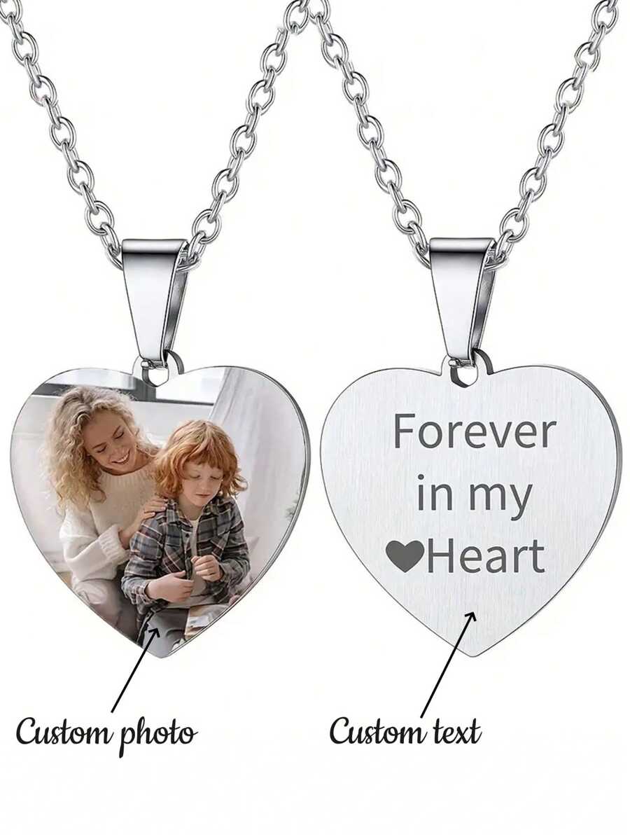 1 pieza Collar con colgante de corazón personalizado con foto, colgante de acero inoxidable con imagen, joyería de mujer como regalo, el mejor regalo para Acción de Gracias, Navidad. Plateado, con estilo, de moda de otoño, casual, sencillo, unisex, hipster, personalizado, único, regalo ideal para ella, regalo ideal para él, novia, madre, familia, amigos, hija, abuelos, para aniversarios, cumpleaños, uso diario, baile de graduación, Día de la Madre, San Valentín, graduación, bodas.