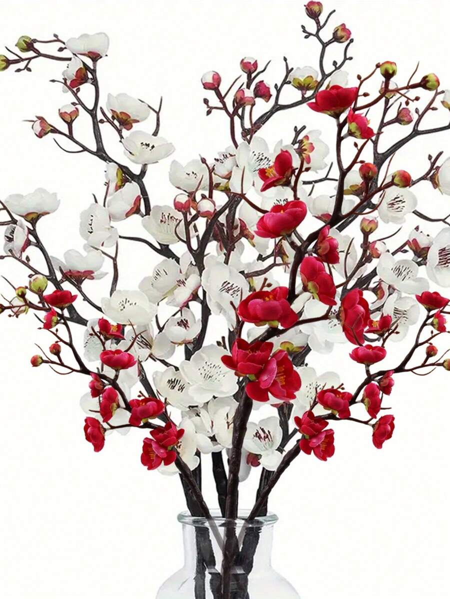 6 pièces/set Branches artificielles de fleurs de prunier, tiges de fleurs hautes pour le DIY et la décoration du Nouvel An, arrangement de vase central, décoration de maison pour le printemps et l'hiver, décoration de chambre esthétique, Saint-Valentin, cadeau