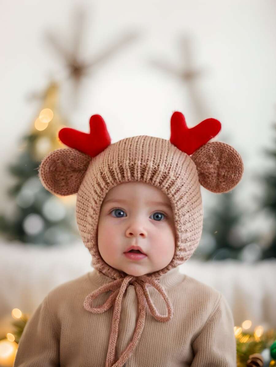 1 Stück unisex beige gestrickte Baby Mütze, Weihnachts Rentier Hut mit Geweih, Weihnachtsgeschenk, Weihnachtsgrüße