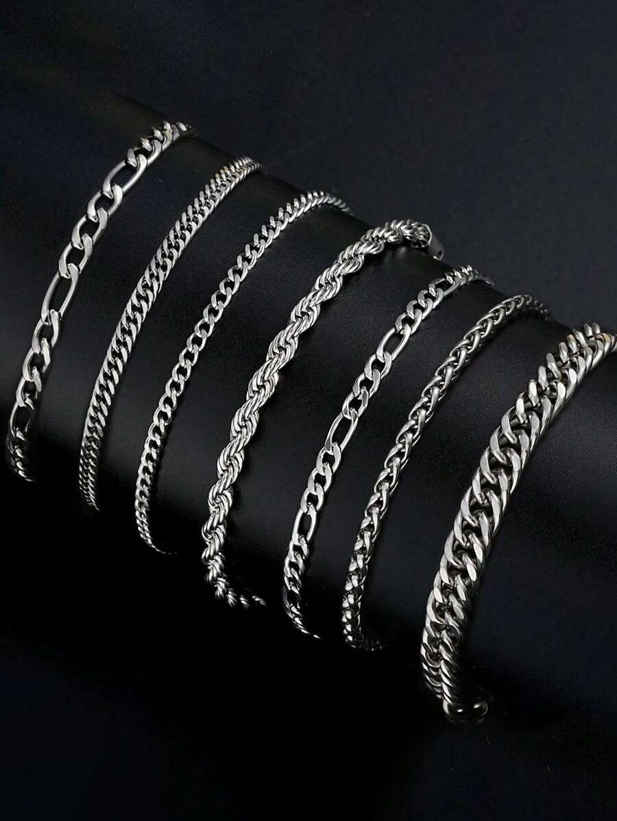 6pcs/7pcs Minimalist Stainless Steel Chain Bracelet Set For Men, Fashionable For Commute, Casual Daily Wear