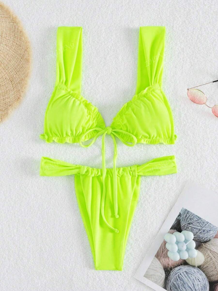 New Fashion Sexy Solid Color Bikini Swimwear - Women's Two-Piece Strap Tie Swimwear With Ruffle Trim, For Summer Beach Vacation
