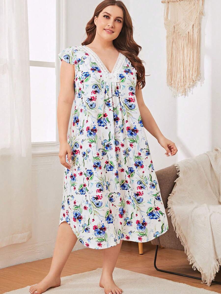 Camisola Floral de Renda com Decote em V Plus Size Feminina para o Verão, Roupa de Dormir para Uso em Casa ou Externo